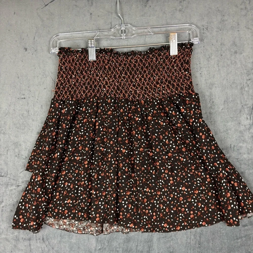 Altar'd State Brown and White Floral Smocked Skater Mini Skirt